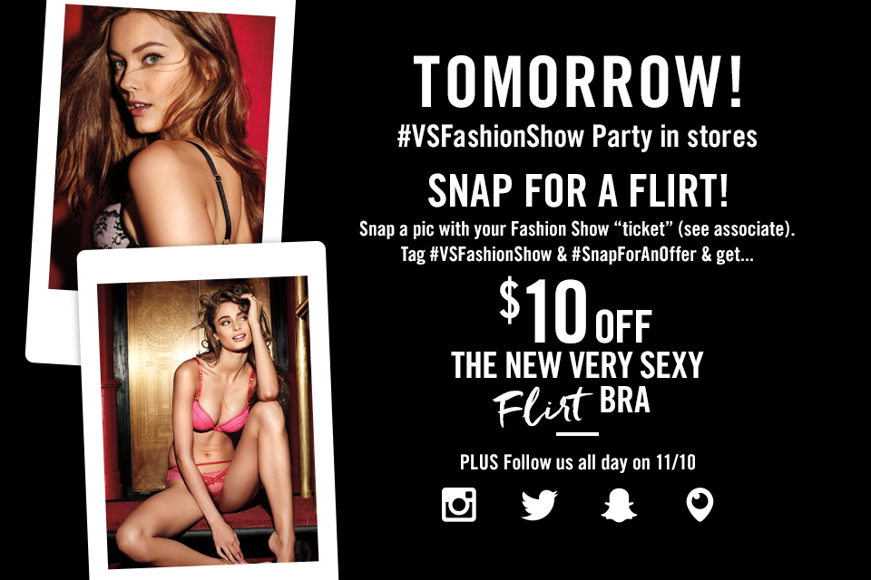 TOMORROW! Join the #VSFashionShow Party in stores & get $10 off the New Very Sexy Flirt!  https://t.co/D0ukt65Yct https://t.co/5u9hSsukM4