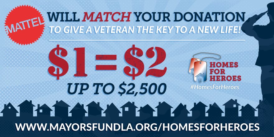 RT @MayorsFundLA: ONE HOUR ONLY @Mattel will match all #homesforheroes donations. Give a vet a new life! https://t.co/gzoUzISHYq https://t.…