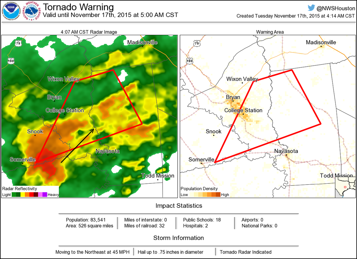Tornado Warning including College Station TX until 500 AM CST https
