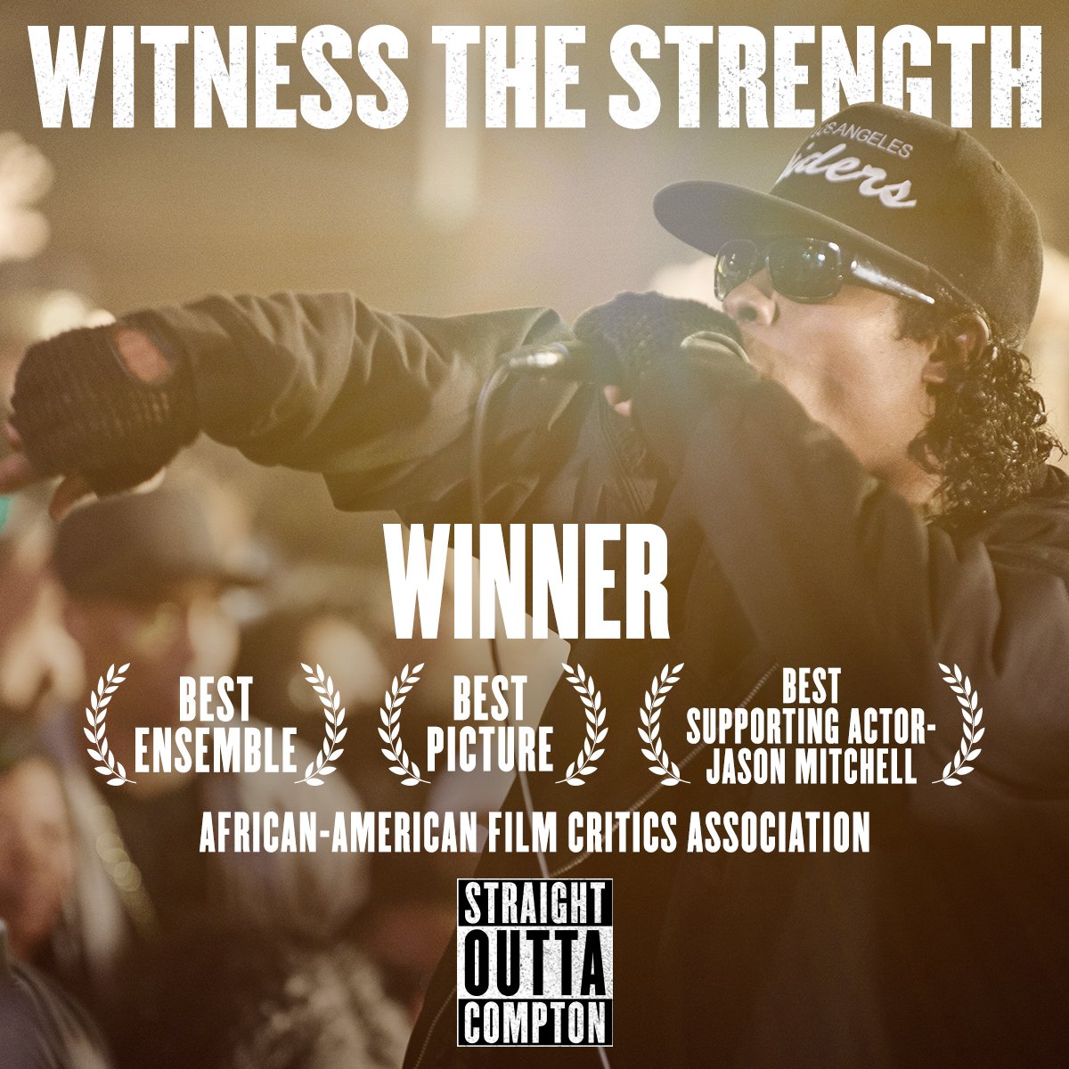 #StraightOuttaCompton winner of Best Picture, Best Ensemble, and Best Supporting Actor (@jasonmitch) from @theaafca https://t.co/JxfvGWubxw