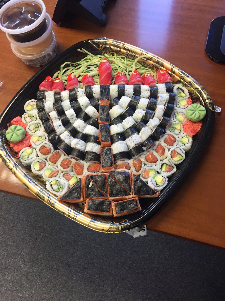 Appropriately designed sushi platter for my teams lunch. 