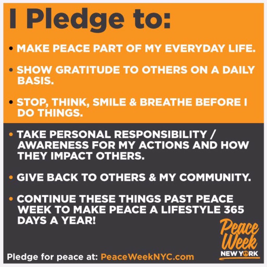 RT @Tip: We’ve lost too many lives to senseless gun violence. Please support #PeaceWeekNYC + take the pledge for peace. RT! https://t.co/9W…