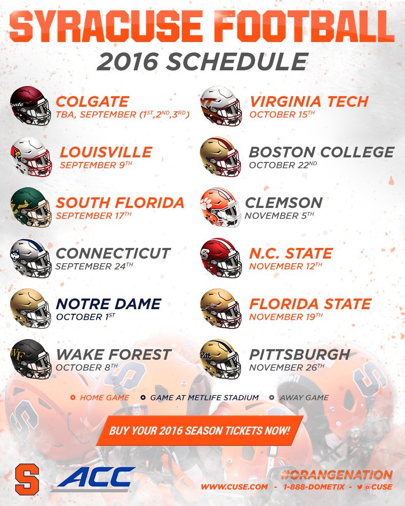 2016 Syracuse Football Schedule ACC Football Rx