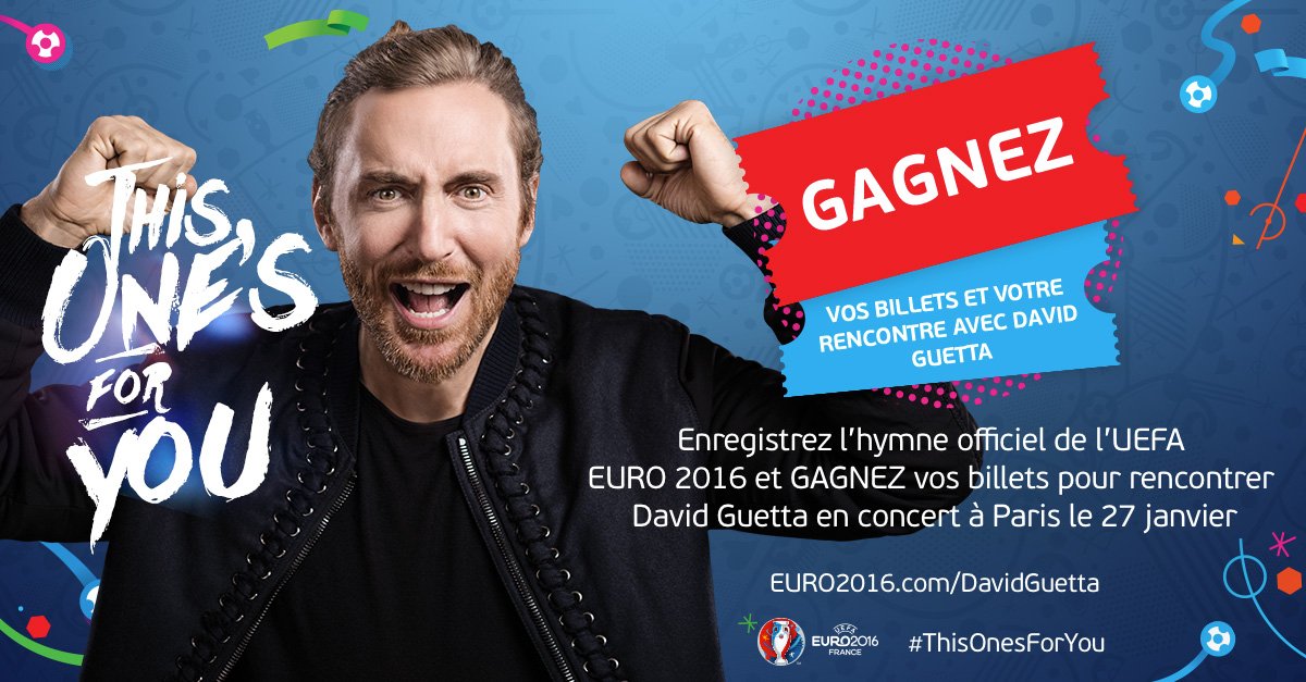 RT @EURO2016: Enregistrez avec @DavidGuetta aujourd'hui et gagnez vos billets pour son concert à @Paris demain ! #ThisOnesForYou https://t.…