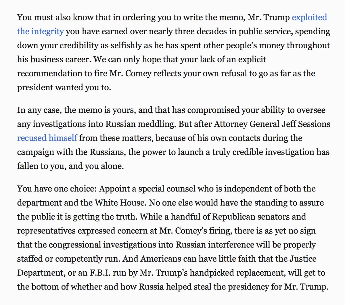 nyt editorial board wrote an open letter to deputy ag rosenstein a open letter of recommendation
