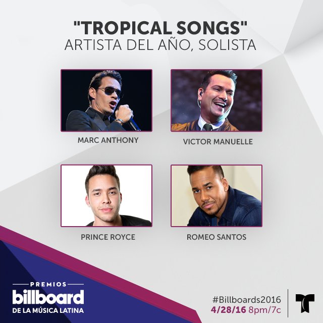 RT @LatinBillboards: “Tropical Songs” Solista: @MarcAnthony, @VictorManuelle, @PrinceRoyce, @RomeoSantosPage #Billboards2016 https://t.co/D…