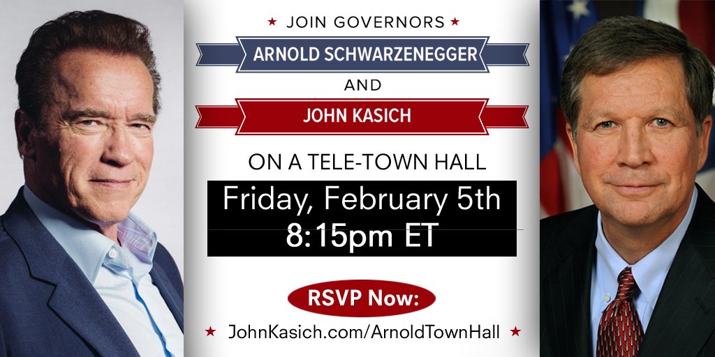 RT @JohnKasich: Live Tele-Town Hall w/ Govs @Schwarzenegger & @JohnKasich 8:15PM EST TONIGHT- Join online at https://t.co/lHjw77qv9n https:…