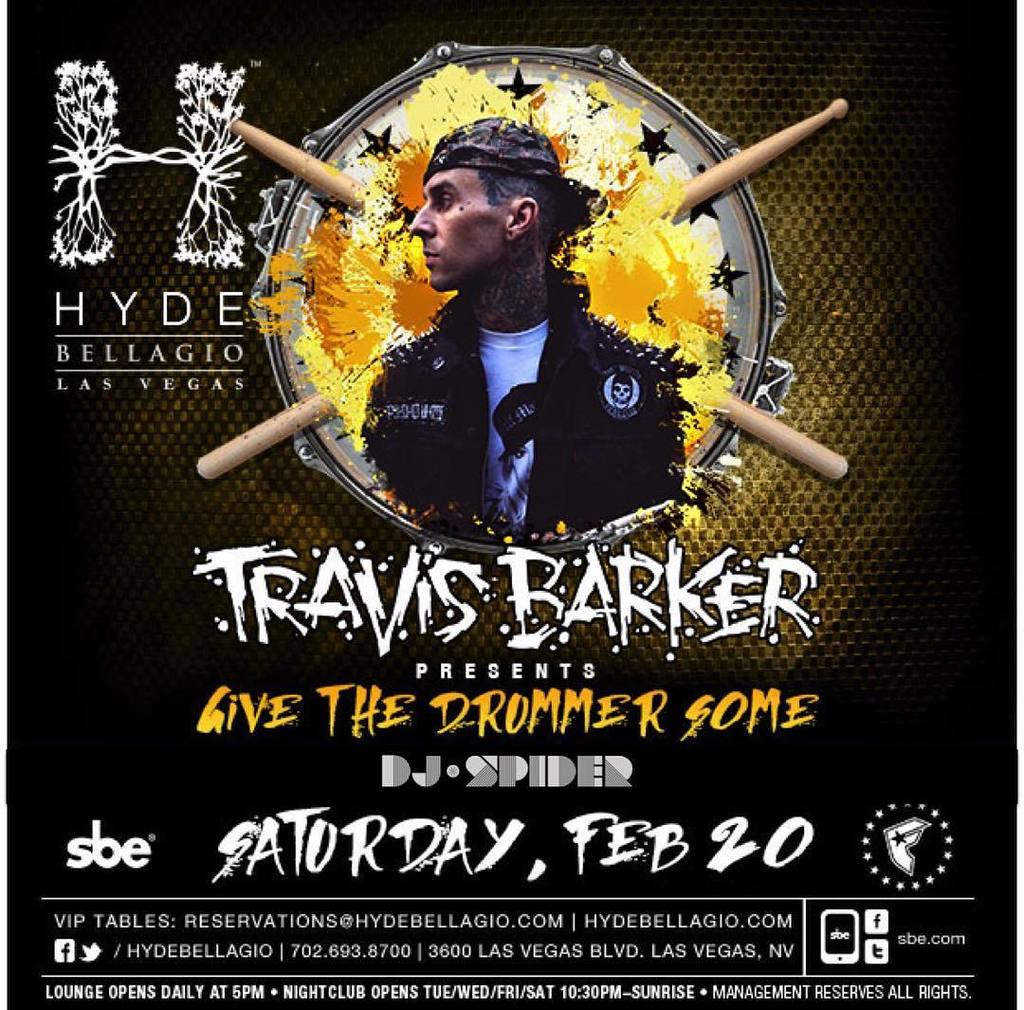 RT @deejayspider: Tonight in Las Vegas I'm playing a set  @hydebellagio before @travisbarker's Drum / DJ set, where he plays real dru… http…