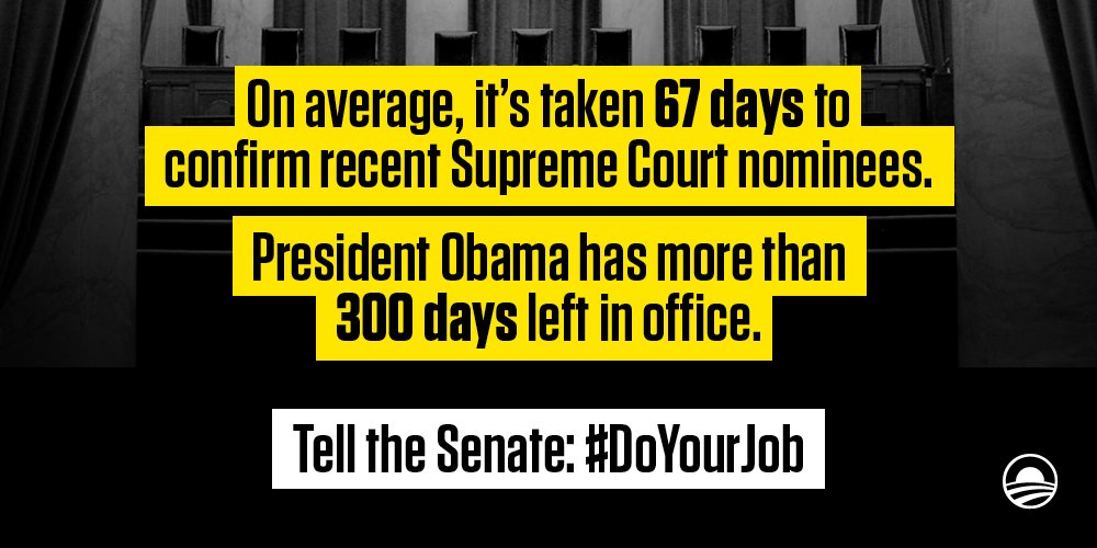 RT @BarackObama: Refusing to consider a #SCOTUS nominee before one is even announced is irresponsible. #DoYourJob https://t.co/NiZtwUHmE5