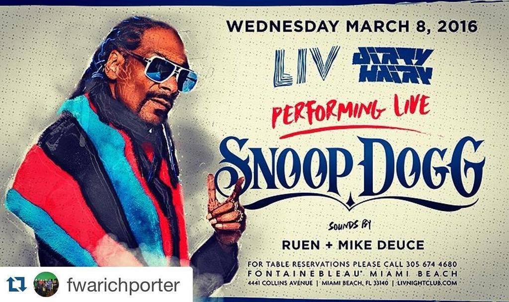 #Repost @fwarichporter with @repostapp.
・・・
@snoopdogg x !???????????? x @livmiami x #dirtyhairy x 3.9.16 https://t.co/HfWKKuL4IV