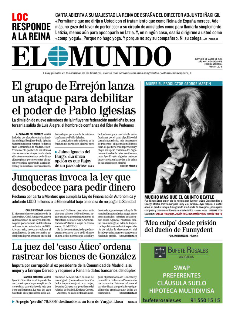 #LaPortada del jueves 10 de marzo. https://t.co/0cO3KjeDQq