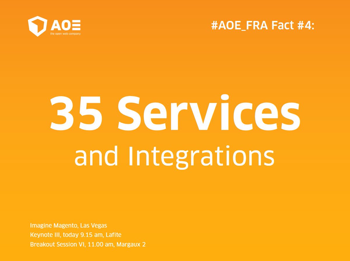 aoepeople: #AOE_FRA fact #4: Project comprises 35 Services + Integrations! #MagentoImagine #Imagine2016 @Magento @Airport_FRA https://t.co/qVJVT2lean