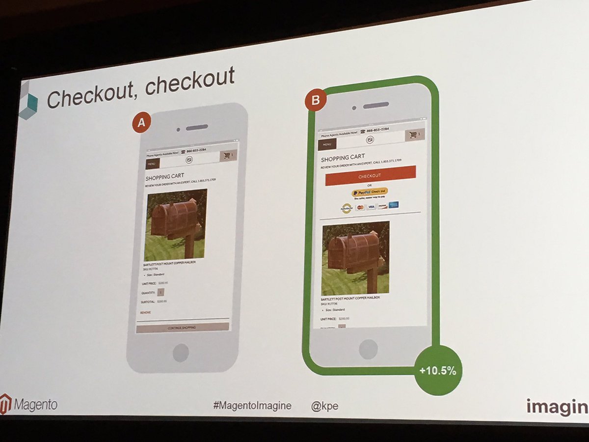 garymediaspa: Per blue acorn, this checkout a/b test showed adding checkout button up top helped! #MagentoImagine @kpe https://t.co/8hKI4UmabR