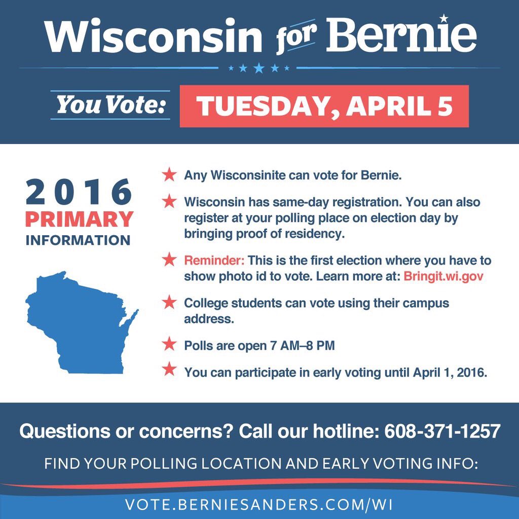 RT @BernieSanders: Wisconsin, make your voice heard by voting this Tuesday, April 5. https://t.co/zZvArkCOXO https://t.co/06mjcaYmuM
