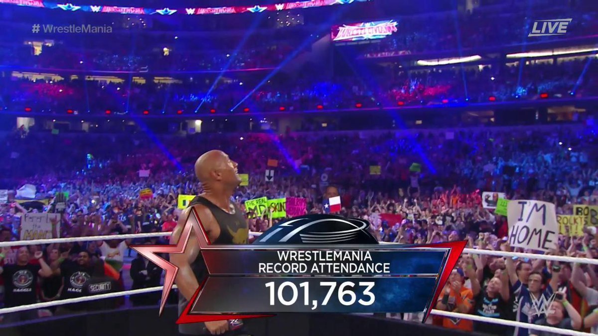 RT @WWE: THERE IT IS! The ALL-TIME #WrestleMania attendance record has been set at @ATTStadium with 101,763 fans! @TheRock https://t.co/Geg…
