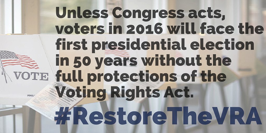 RT @LWV: Without action in Congress, voters face #election2016 without strong voting rights protection. #RestoreTheVRA https://t.co/HdYiZ9z…