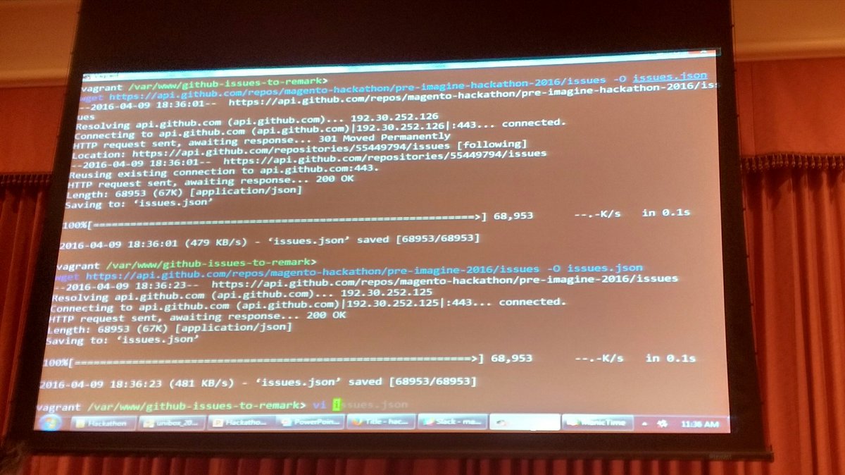 avstudnitz: Hilarious: @fbrnc creating a slideshow on the command line based on github issues. #MagentoImagine https://t.co/ufoUVqtei6