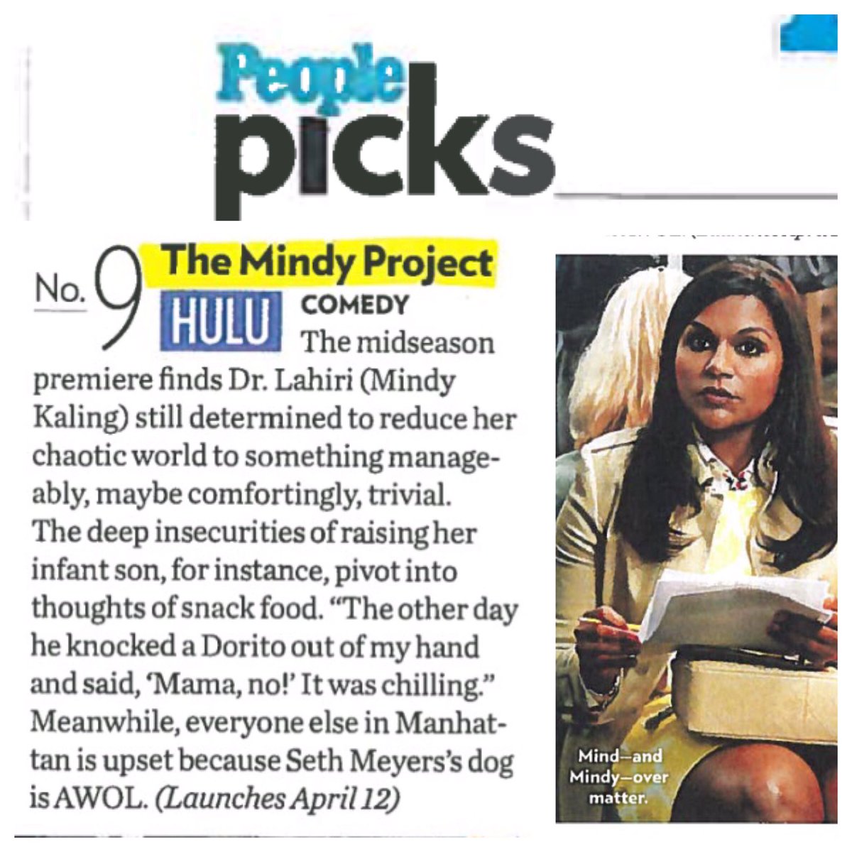 Thanks @people for making us one of your picks! Spring premiere of #themindyproject tomorrow, on @Hulu! https://t.co/utqOwEuYqo