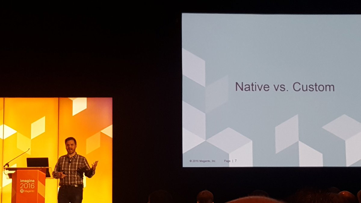 mgoldman713: 'You need to understand the diff between native and custom functionality to succeed' @SteveAtMagento #MagentoImagine https://t.co/rnxlrZgeRC