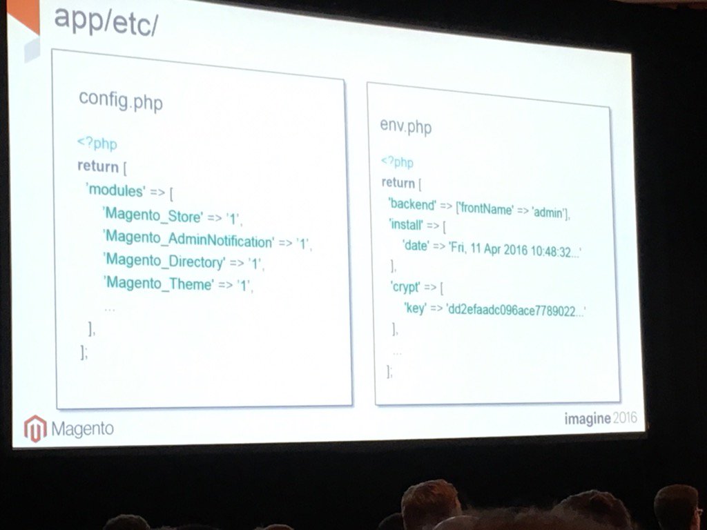 jonathanmhodges: app/etc contains installation files: confit.php for module status and env.php for database config #MagentoImagine https://t.co/0yyrVz7PuS