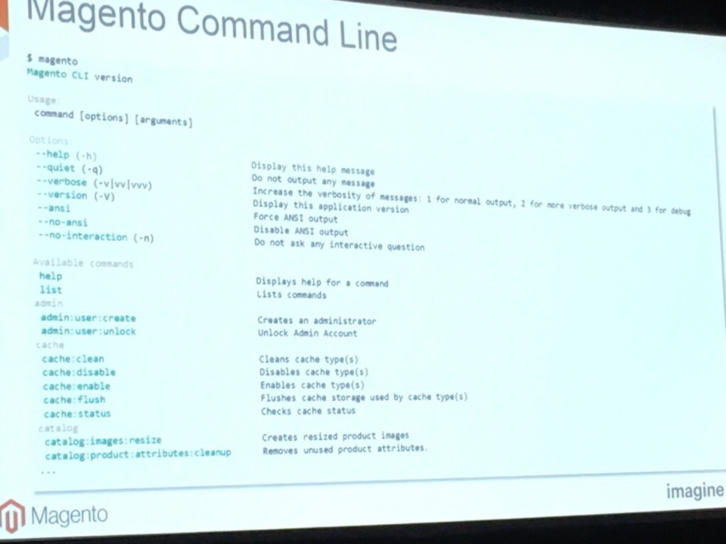 jonathanmhodges: Implement your own command line functionality in Magento command by implementing interfaces #MagentoImagine https://t.co/V3wVMJmYvp