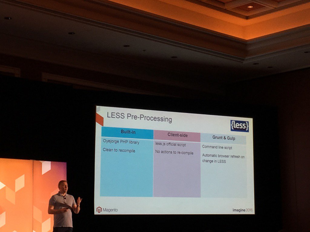 jonathanmhodges: #magento2 multiple options for less preprocessing. Grunt/gulp for fe devs and php based for others #MagentoImagine https://t.co/t36kew7YUY