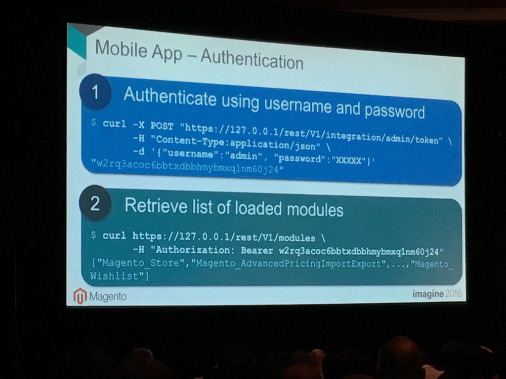 jonathanmhodges: #magento2 mobile app authentication requirements. Connect to the many many APIs very easily #MagentoImagine https://t.co/XSi5wj2Evh