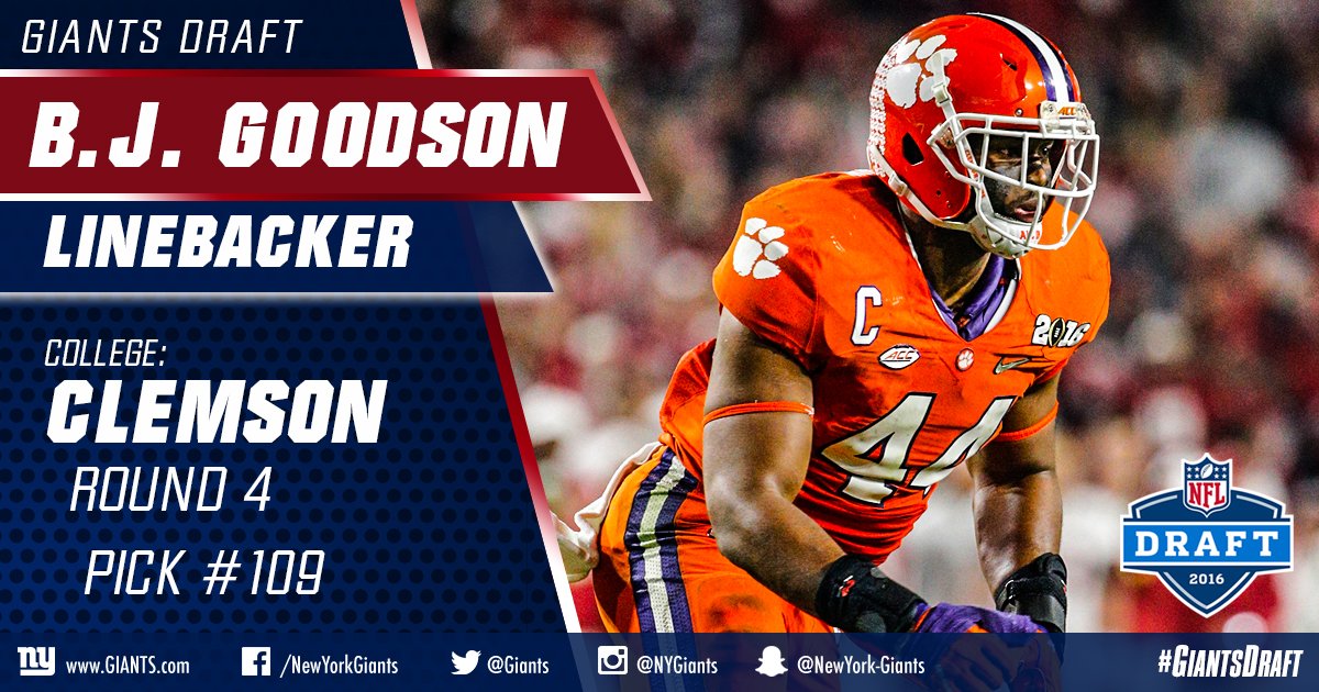 RT @Giants: With the 109th pick, the #Giants select Clemson LB B.J. Goodson!

HIGHLIGHTS: https://t.co/wSrax1cAIp https://t.co/qiGflARpFh