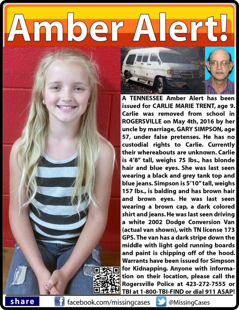 RT @MissingCases: RT #AmberAlert #Tennessee Carlie Marie Trent 9 abducted by Gary Simpson 57 #Rogersville #TN https://t.co/i5IQXgutWJ https…