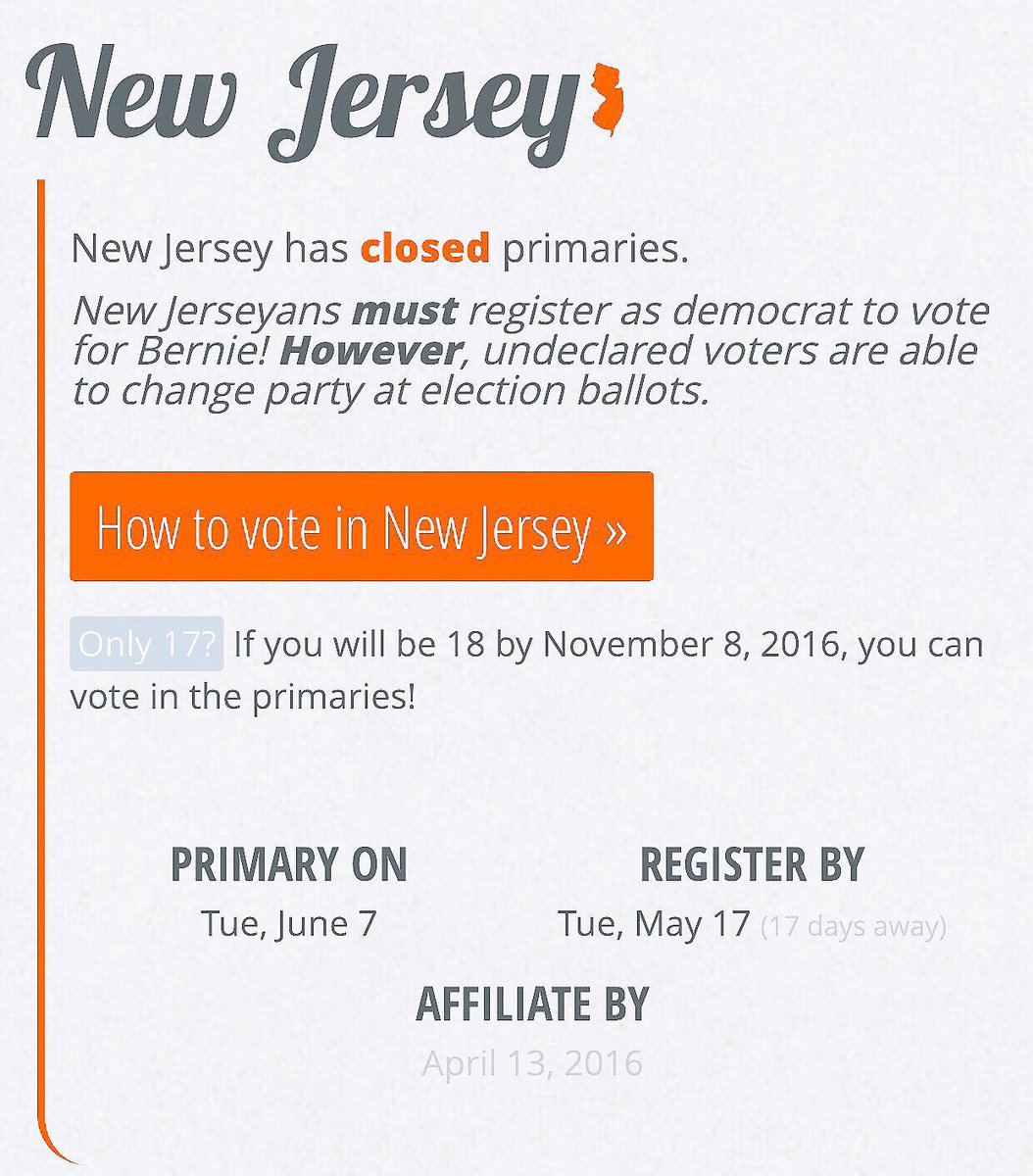 RT @ntrsfrml: #NewJersey Voters! 

You Must be Registered as a #Democrat to vote for #Bernie

https://t.co/drXeDW3Jep

#Newark https://t.co…