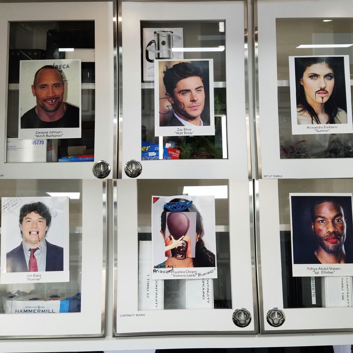 You know you're almost done when everyone's pictures are defaced in the hair/makeup trailer #Baywatch https://t.co/TcTjnFkEDt