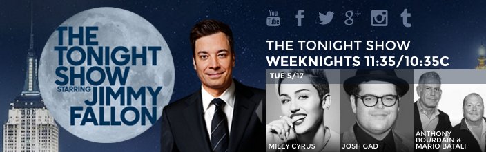 RT @FallonTonight: .@MileyCyrus & @joshgad stop by tonight! Plus, @Bourdain & @Mariobatali will be here! #FallonTonight https://t.co/VKN8Ec…