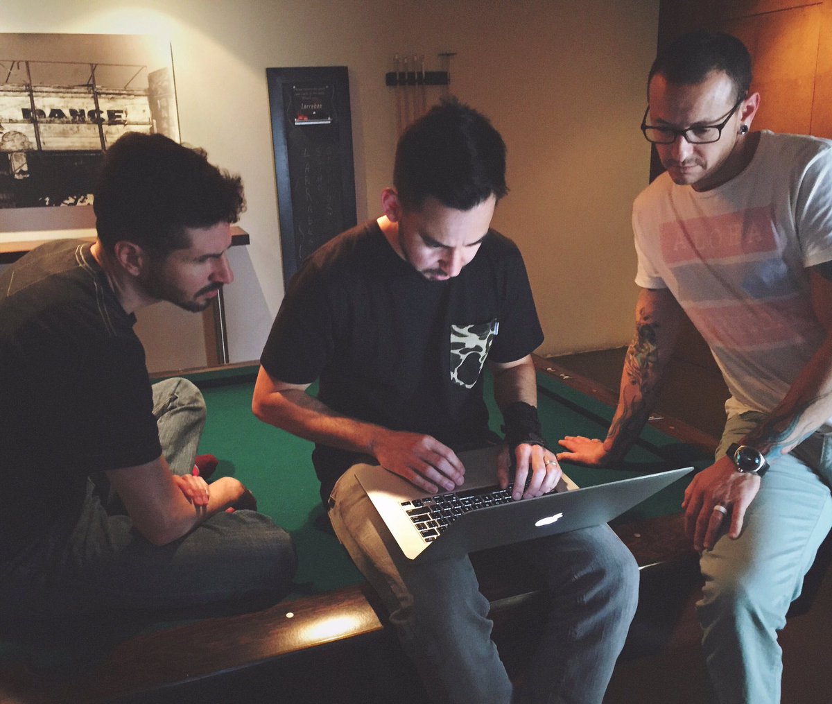 Brad, Mike and Chester writing the latest studio update sent a few weeks ago. Stay tuned, more updates coming soon. https://t.co/MLdXy4Yn7C