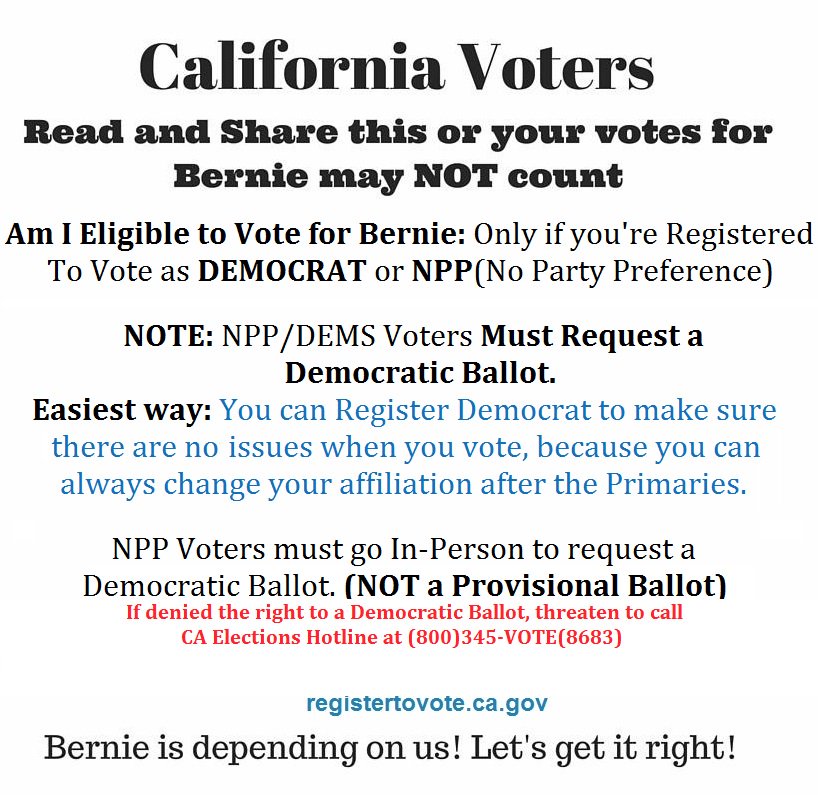 RT @Bernie4PresUSA: #CaliforniaPrimary,#CAPrimary
#RegisterToVote:LAST DAY
#FeelTheBern?Must Reg.as:#DEMS/ #NPP
►https://t.co/ycqiC0Hey3 ht…