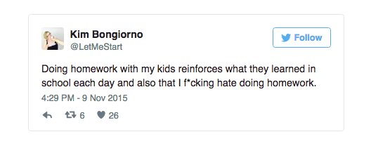 RT @HuffingtonPost: 16 perfect tweets from parents about the nightmare that is homework https://t.co/dASTwokAnN https://t.co/1HOKv02Nkp