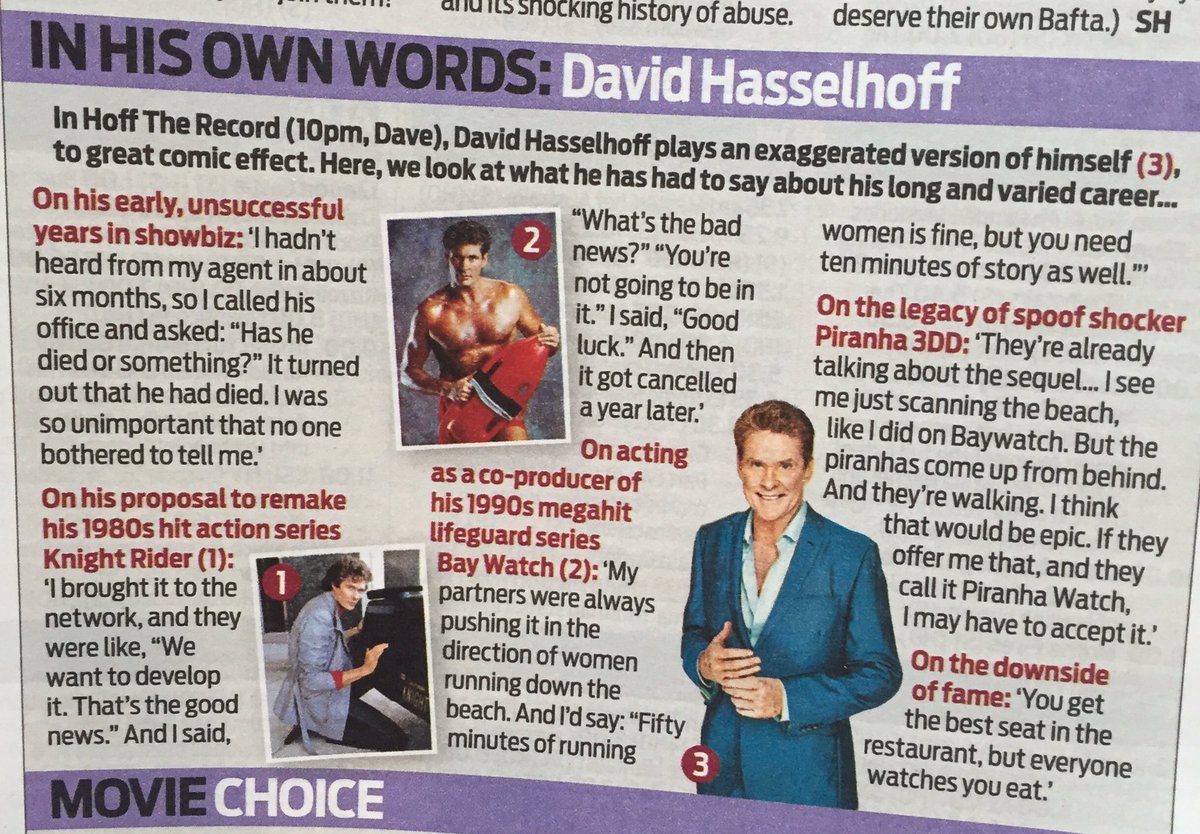 RT @UKTV_Press: Daily Mail's @weekendmagazine feature @DavidHasselhoff and what he's said about his legendary career. #HoffTheRecord https:…