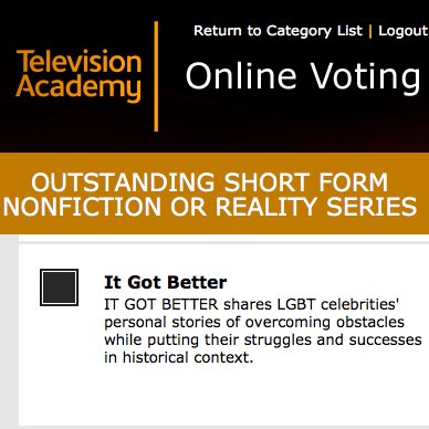 RT @danbucatinsky: #Emmy voting begins today!  Support #ItGotBetter produced by me and @LisaKudrow & @fakedansavage @It_Got_Better ! https:…