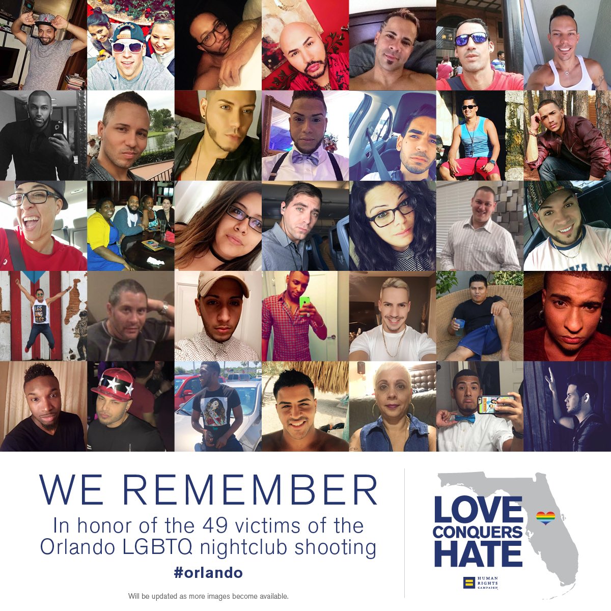 RT @HRC: We remember: In honor of the 49 victims of the Orlando LGBTQ nightclub shooting. #Orlando #LoveConquersHate https://t.co/pZyhLvl4MT