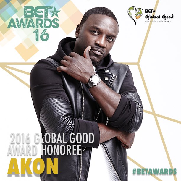 RT @MTVBaseEast: Congratulations to the 2016 BET Global good honoree @Akon ????#BETAwards16 https://t.co/fYzb5fcvRn