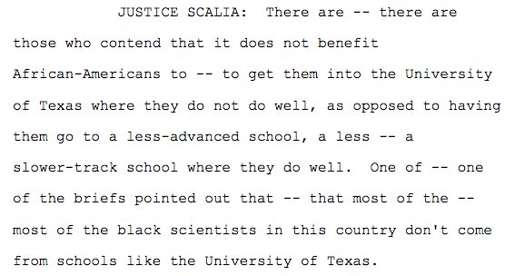 RT @AriBerman: At affirmative action oral argument Scalia said black students should go to 