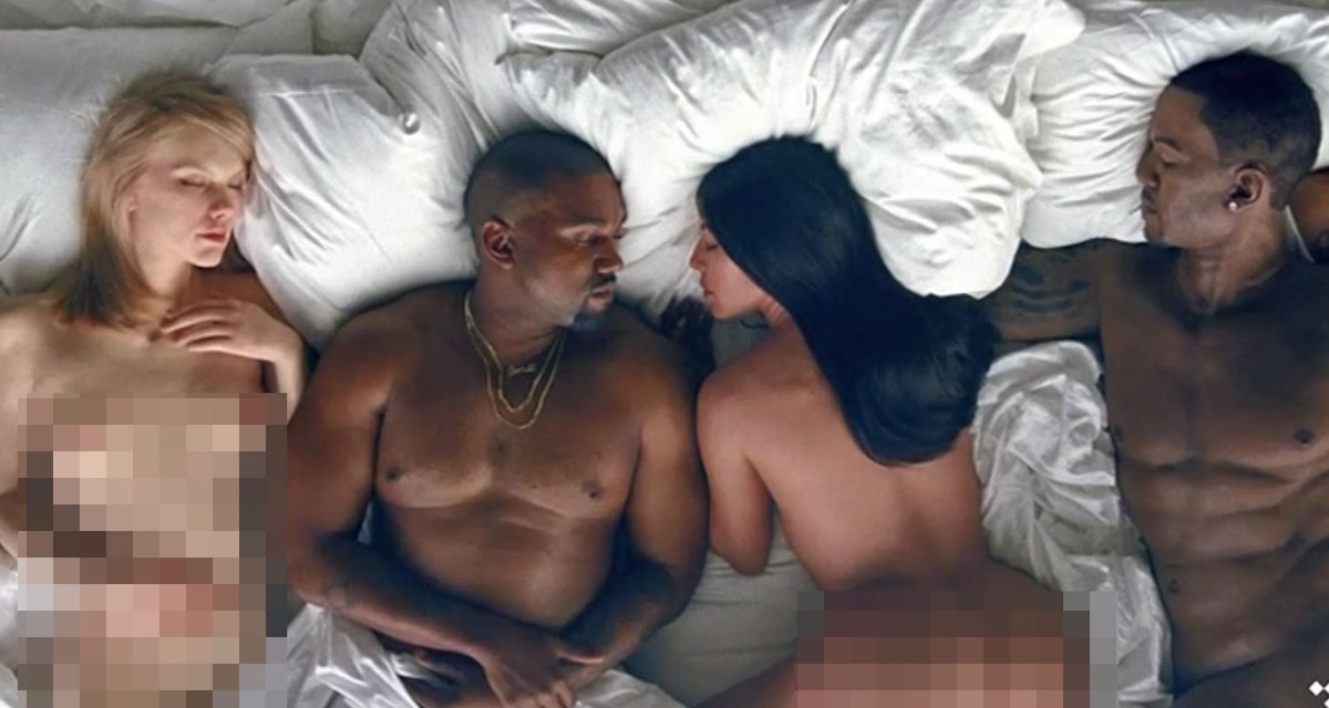 Taylor Swift look-a-like nude next to Kanye West and Kim Kardashian in 