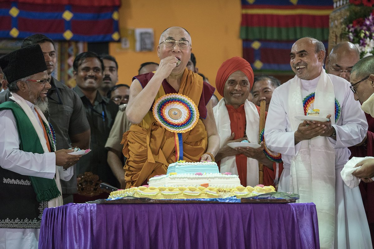 HHDL with local religious leaders at celebrations honoring his 81st birthday at Drepung Monastery in India on July 6 