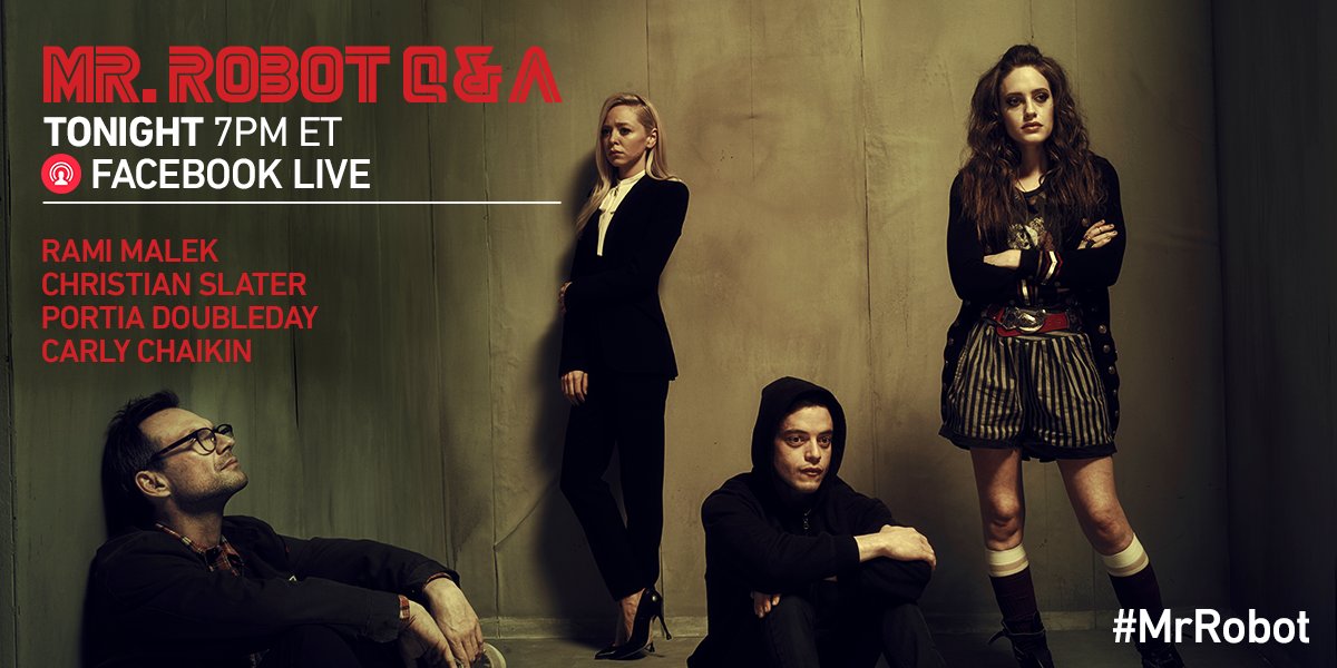 No more secrets.
Join the cast of #MrRobot for a Facebook Live Q&A moderated by @KeeganMKey. TONIGHT. 7PM ET. https://t.co/YPzgGLPQyo