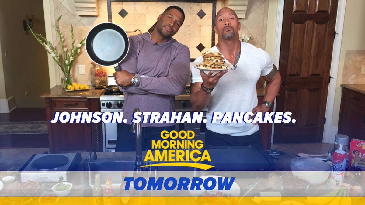 Johnson. Strahan. Pancakes. Tune in to @GMA tomorrow morning and watch the manly magic in thy kitchen. #RockJemima https://t.co/EG0WDMcMzR