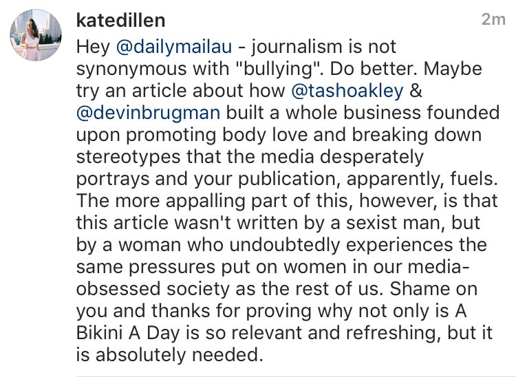 RT @KateDillen: @DailyMailAU strong women build each other up, not tear them down. Next time, do better. @Tashoakley u are perf girl https:…
