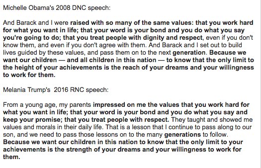 RT @jpanzar: The similarities between Michelle Obama's 2008 DNC speech & Melania Trump's #RNCinCLE. First noticed by @JarrettHill https://t…