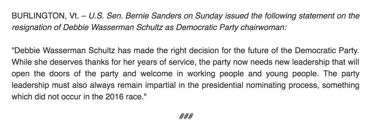 RT @BernieSanders: Sanders Statement on DNC Chair Resignation https://t.co/xMA60mnBIT