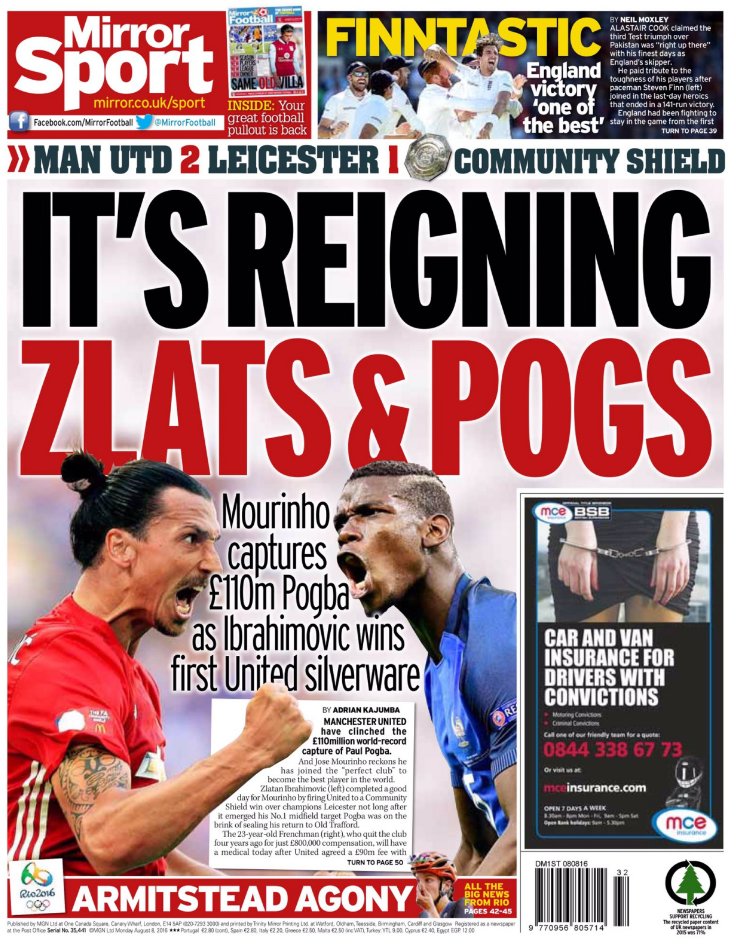 Zlatan et pogba à la une du daily mirror sport (gb) lundi