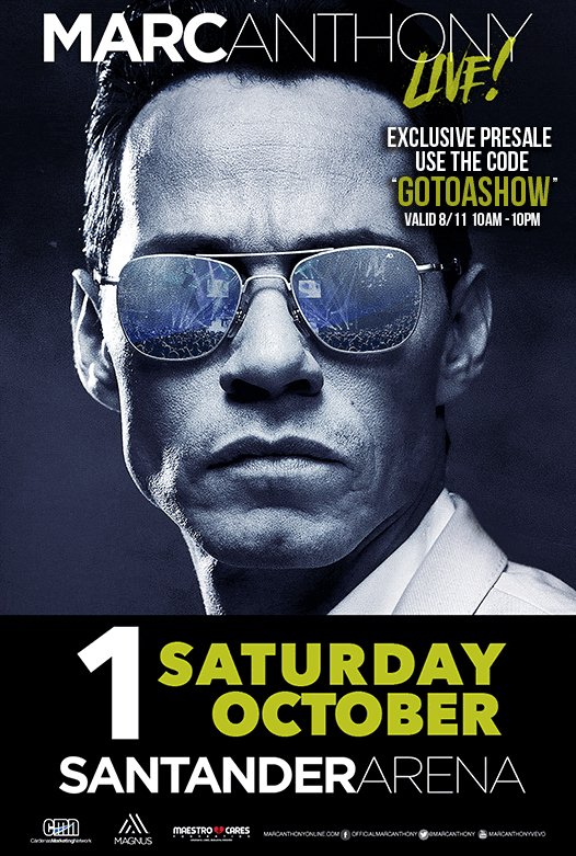 RT @Santander_Arena: The @MarcAnthony pre-sale begins tomorrow at 10am! Use code 