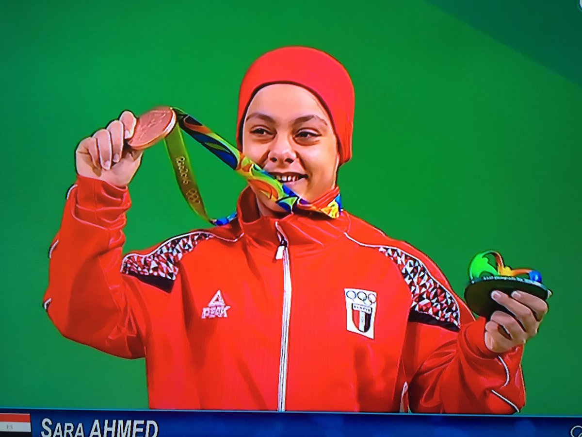 Egyptian weightlifter Sara Ahmed celebrates after winning a bronze medal in the 69kg competition #egy #Rio2016